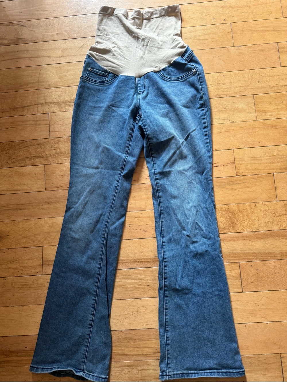 Indigo Blue Maternity Denim Flare Jeans with Beige Panel